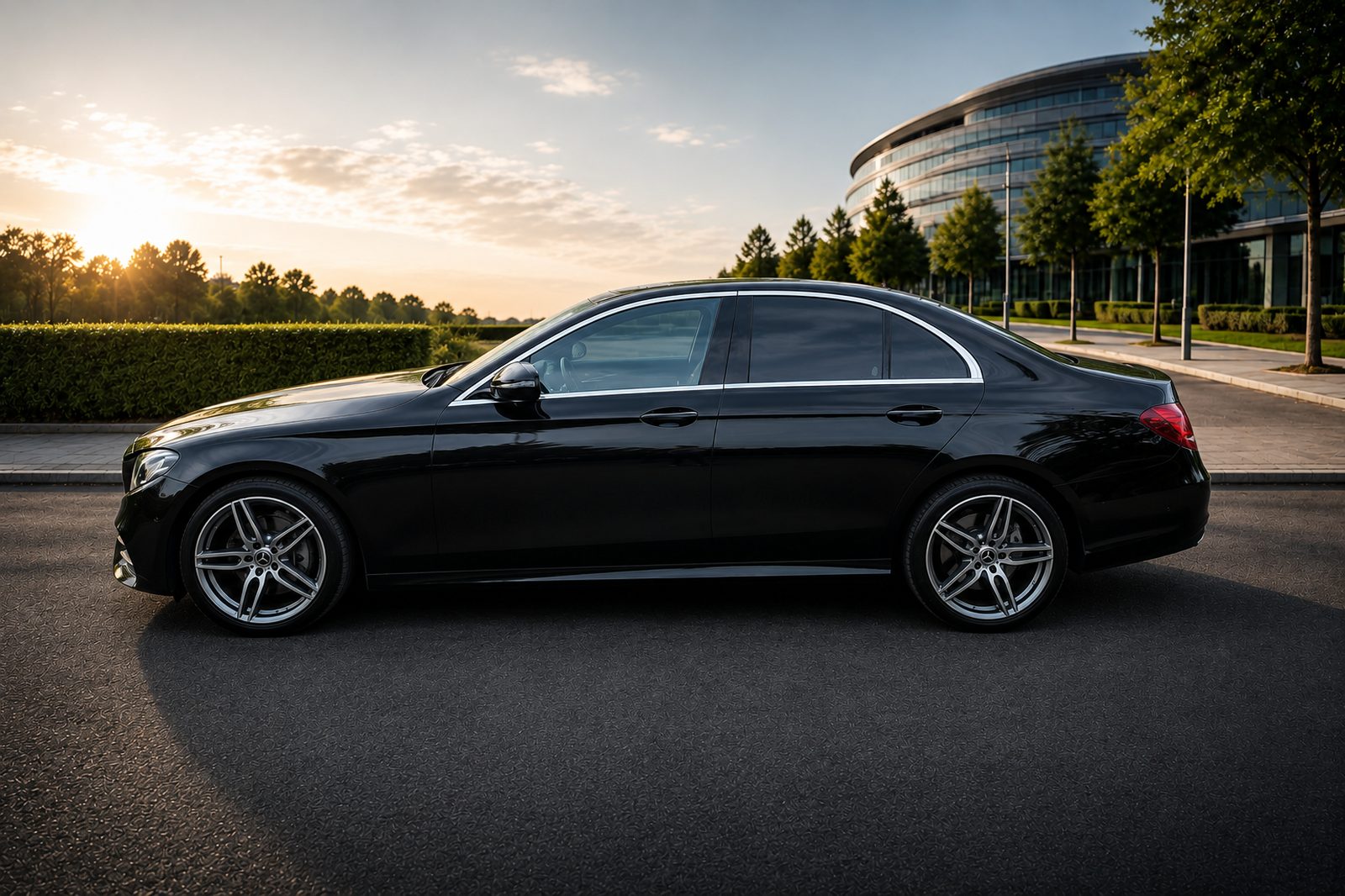 Black executive saloon parked in front of a modern glass building at sunset